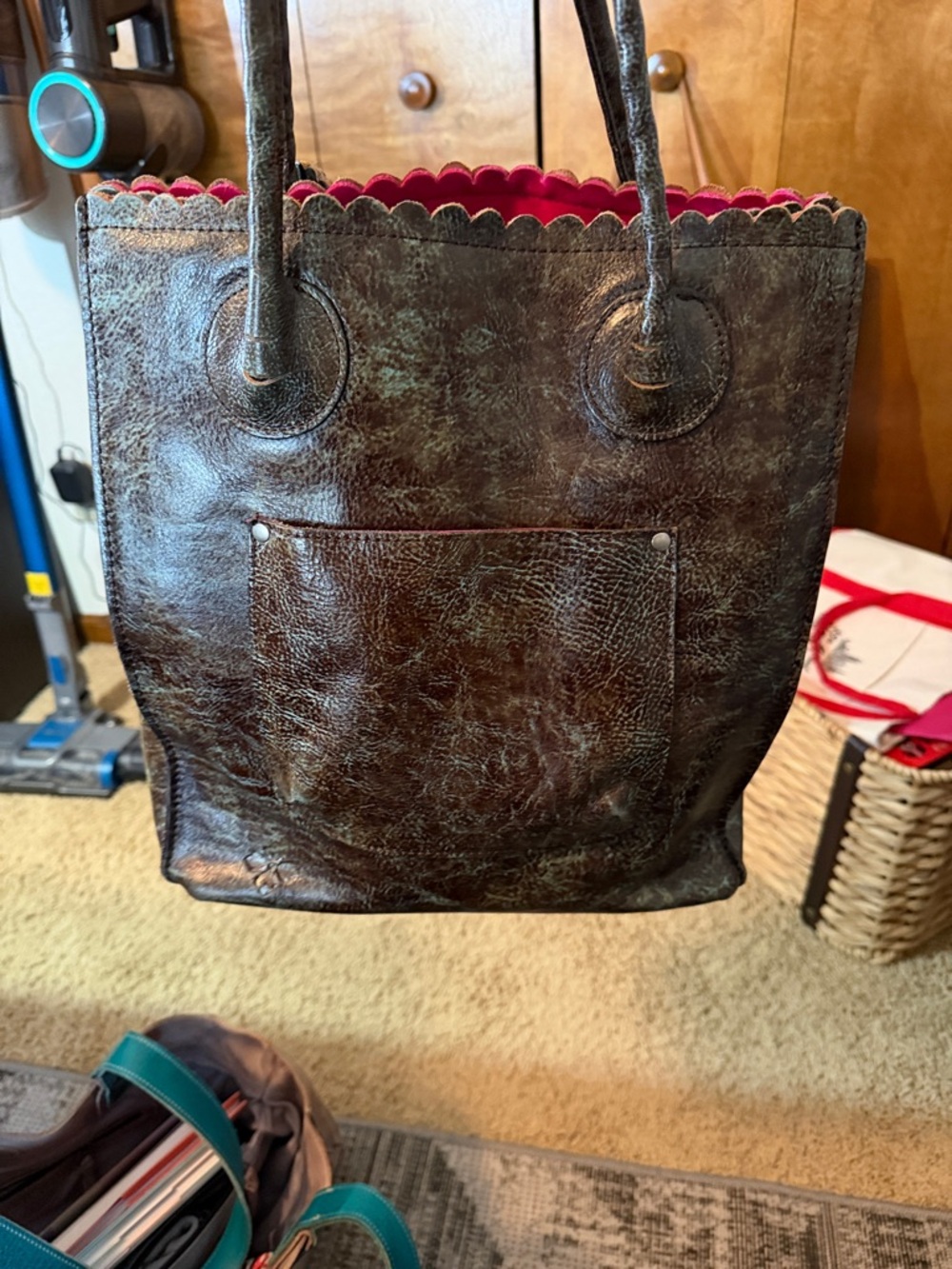 Patricia Nash Brown Tooled Floral Leather Tote with Turquoise Accents - Picture 4 of 4